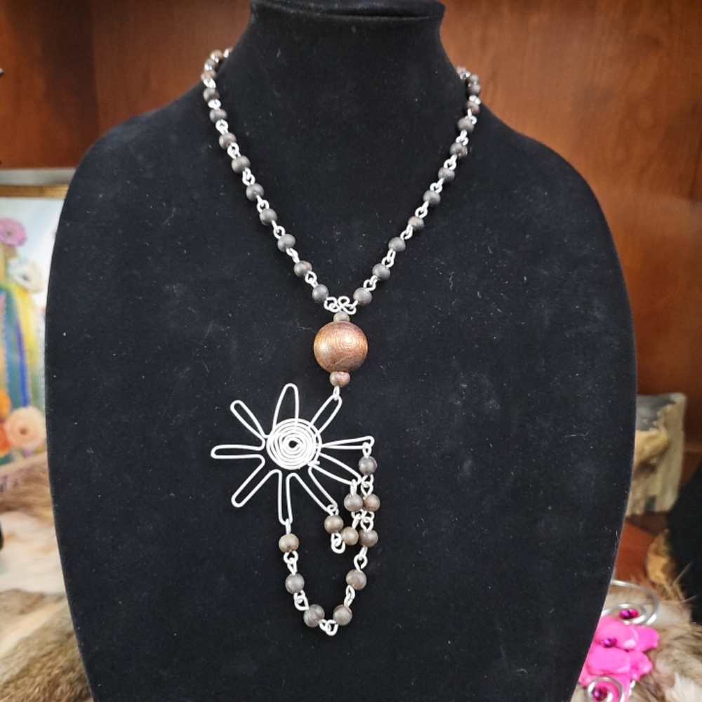 Silver Tone and Brown Spider Design Necklace with Intricate Metalwork